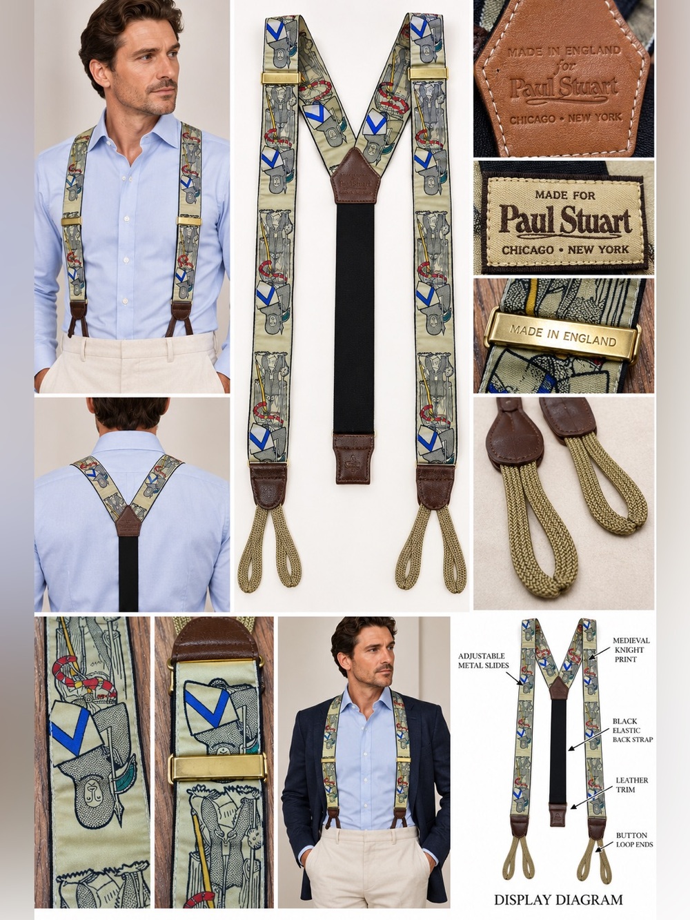 Vintage Paul Stuart Men’s Suspenders Medieval Knights Made in England Leather